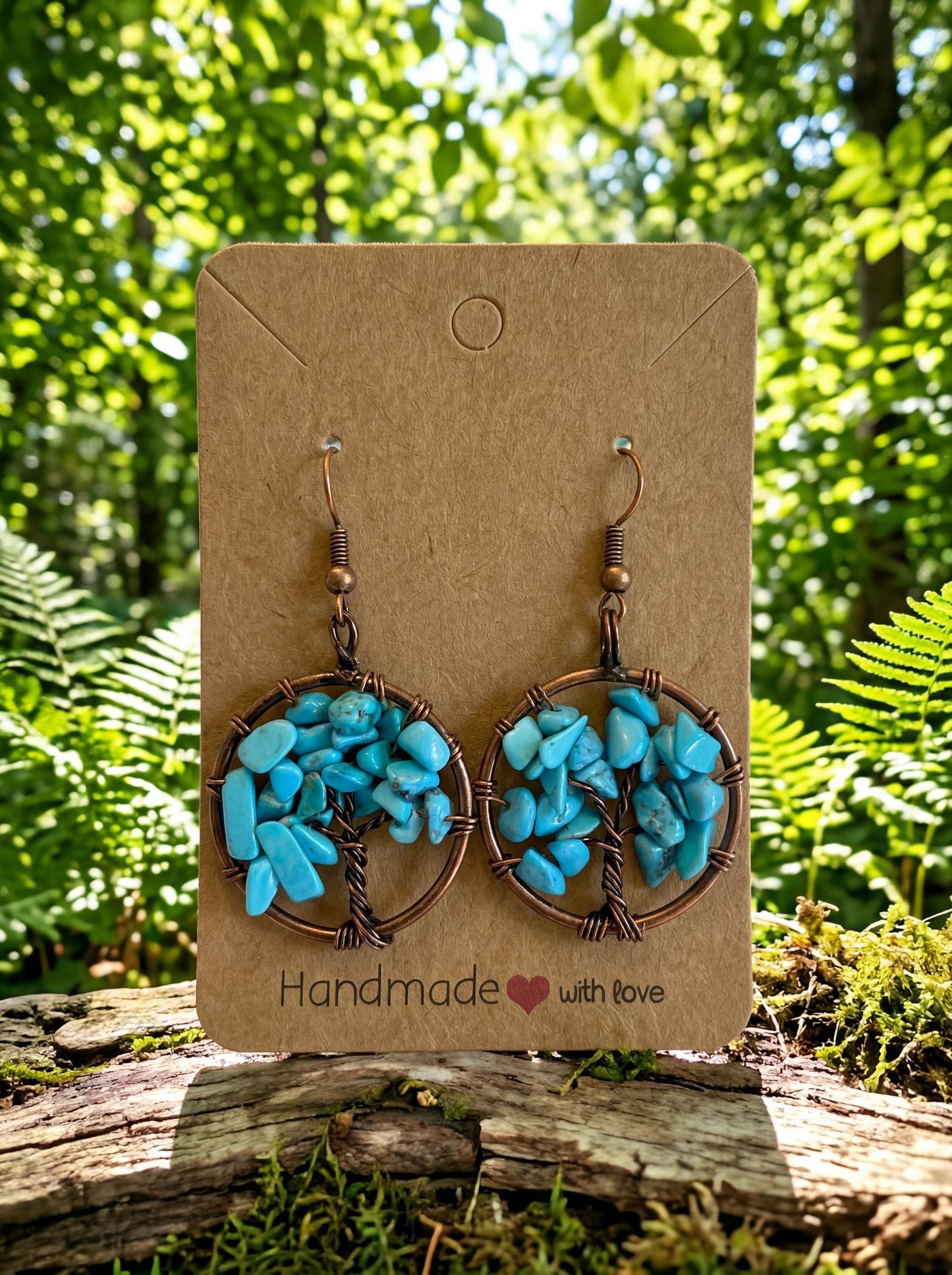 Wire Wrapped Tree of Life Earrings – Turquoise Boho Dangle Earrings – Handmade Statement Jewelry Gift for Her