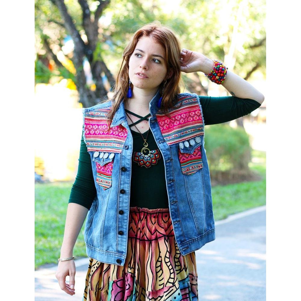One of Kind Demin Embroidered Vest with Upcycled Hmong Fabrics - Thailand