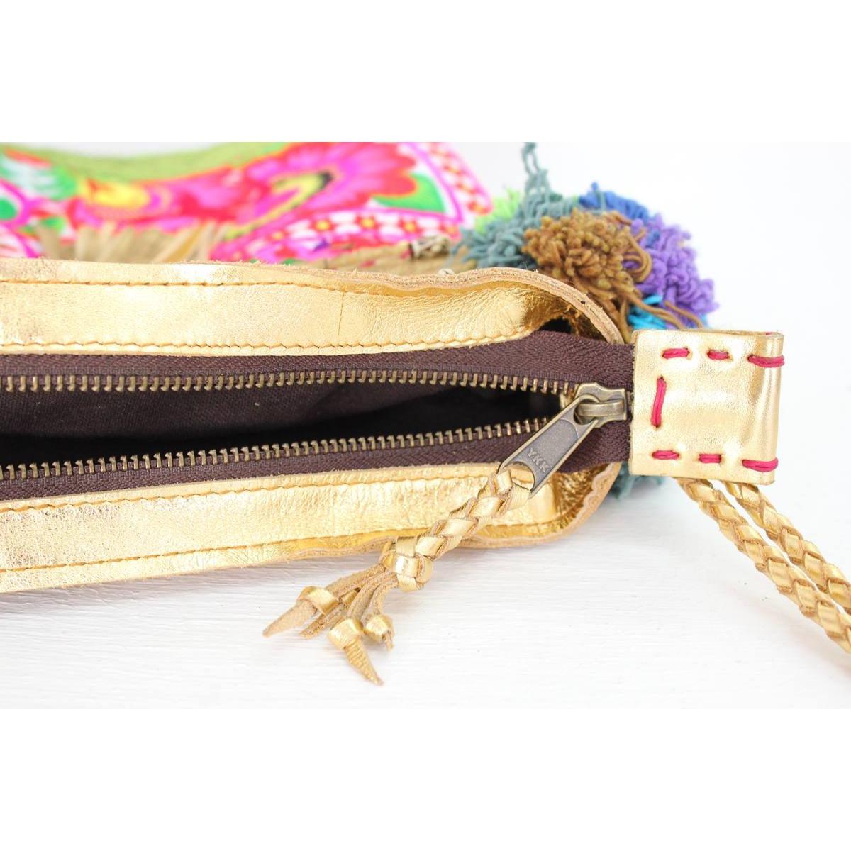 Handmade Gold Leather Crossbody Bag with Hmong Textile, Boho Pom Pom Tassel Purse, Tribal Ethnic Fair Trade Bag from Thailand
