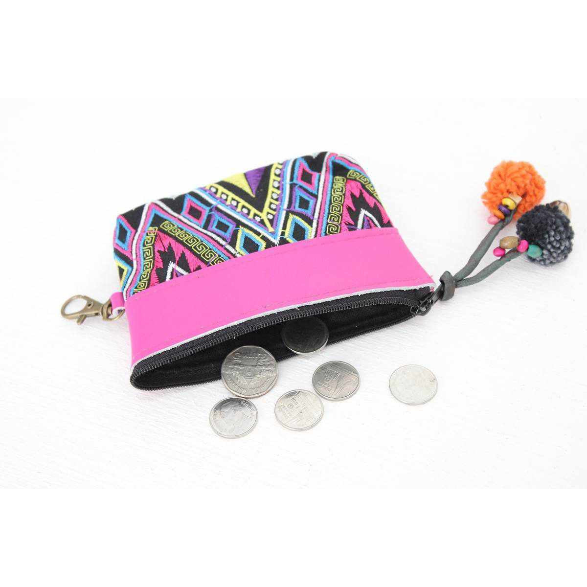 Embroidered Coin Purse Leather Trim Boho Zip Pouch Keychain Wallet Fair Trade - Thailand