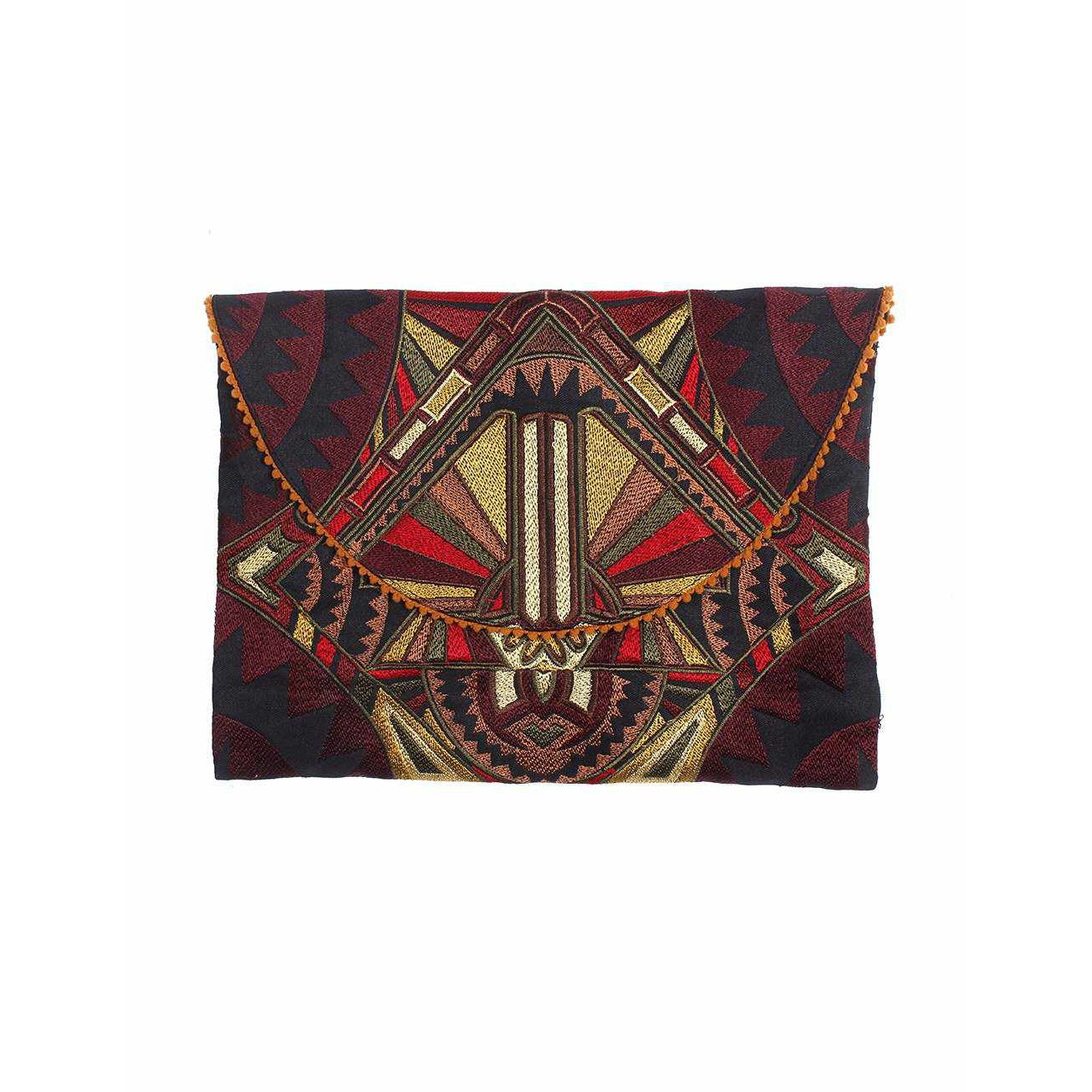 Tribal Embroidered Clutch Pompom Bag- Thailand