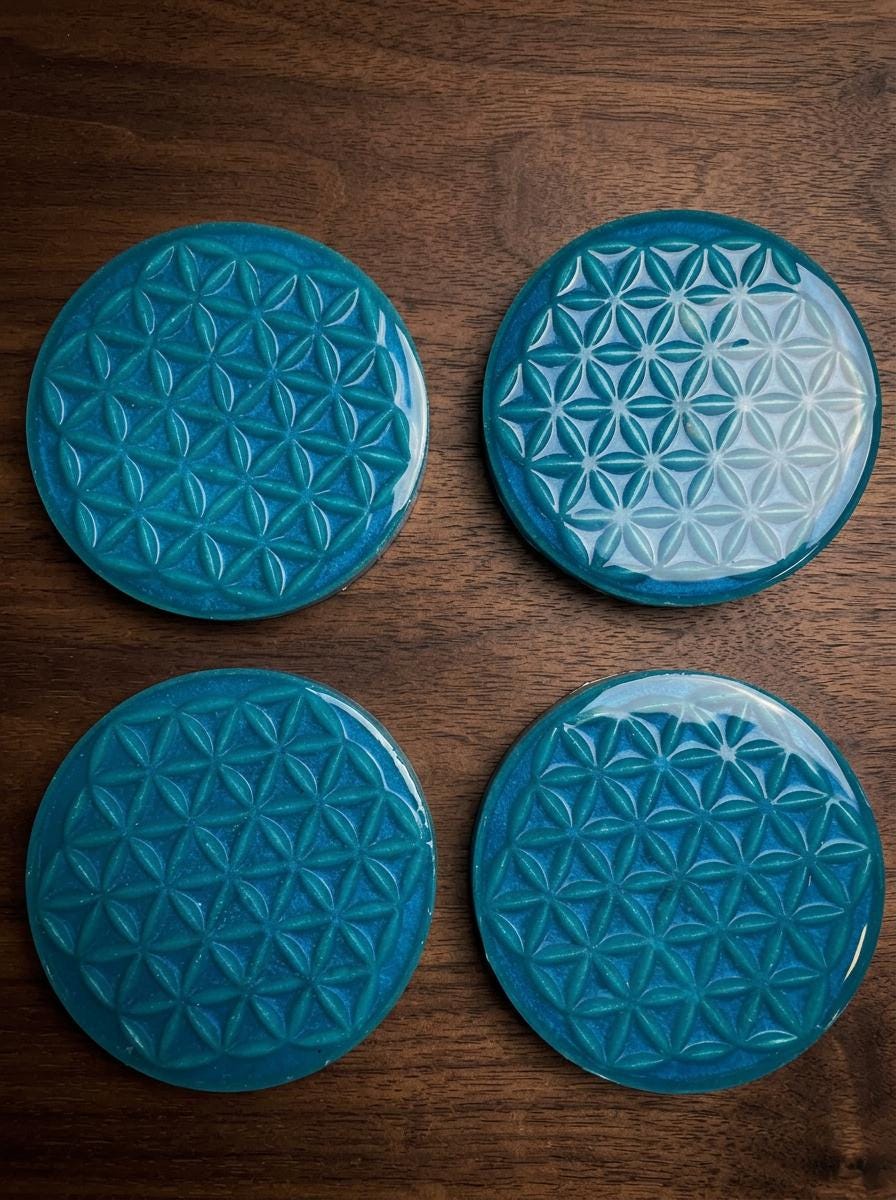 Flower of Life Resin Coasters | Teal Blue Sacred Geometry Drinkware