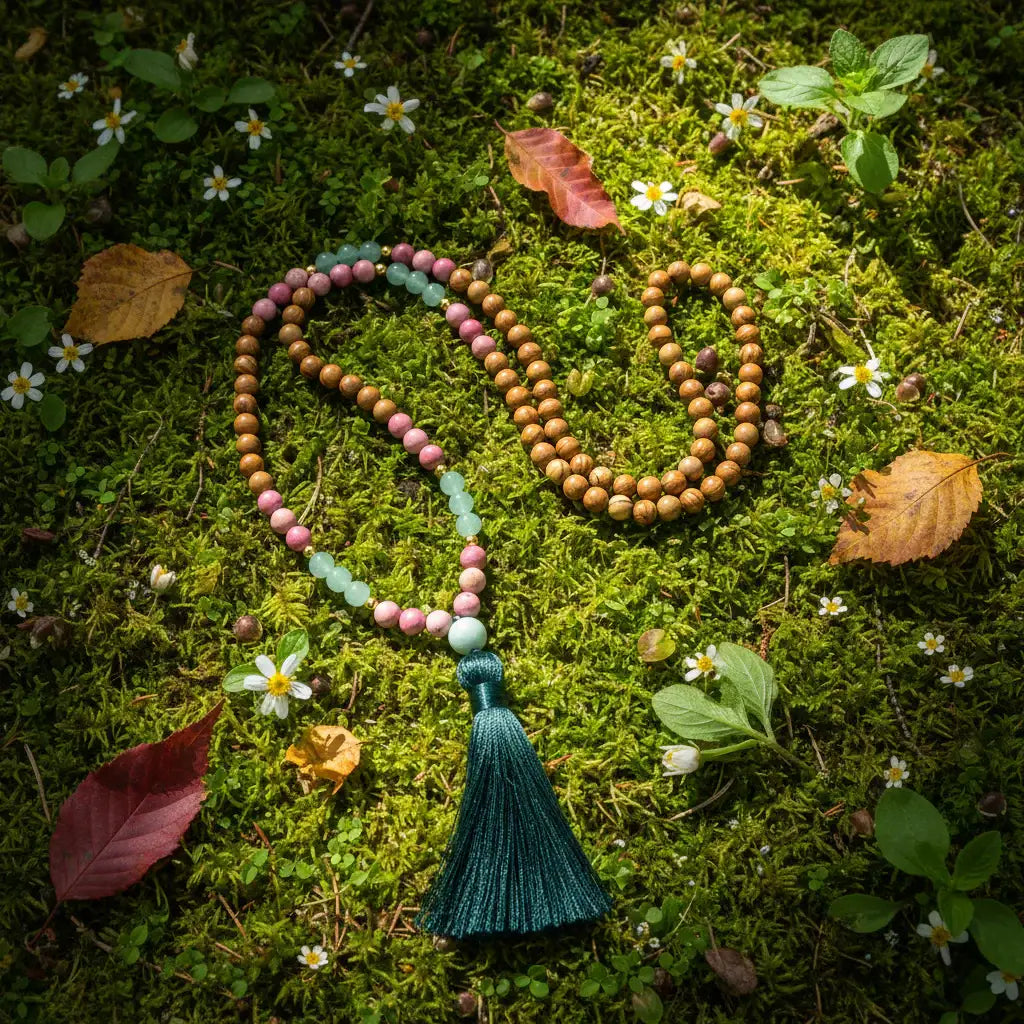 Olive Wood, Rhodonite, Green Aventurine Mala Bead Necklace: Knotted Mala Necklace