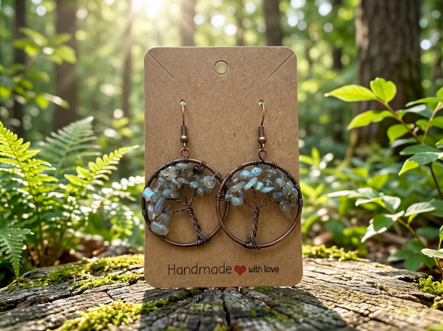 Wire Wrapped Tree of Life Earrings – Labradorite Boho Dangle Earrings – Handmade Crystal Jewelry Gift for Her