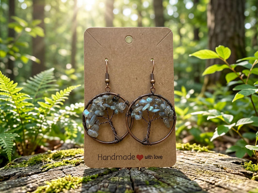 Wire Wrapped Tree of Life Earrings – Labradorite Boho Dangle Earrings – Handmade Crystal Jewelry Gift for Her