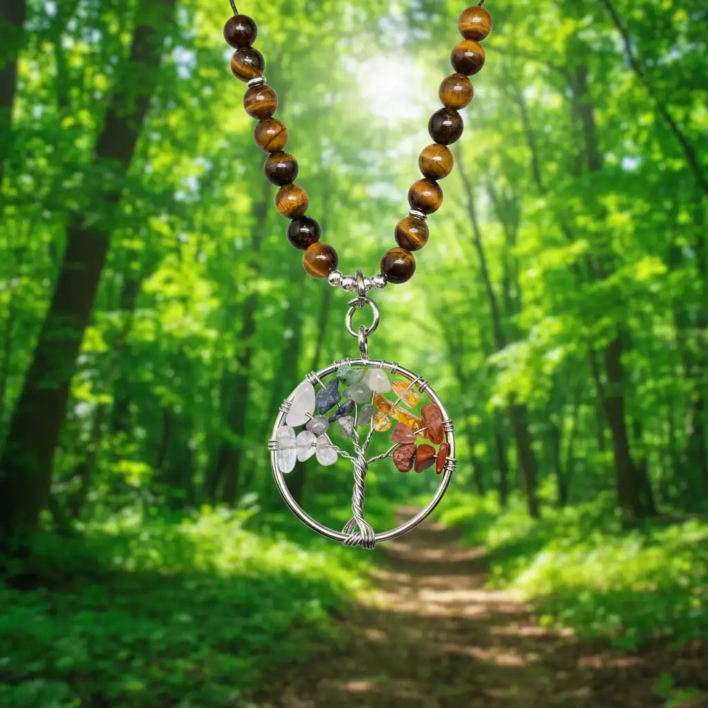 Tree of Life Pendant Natural Stone Beaded Necklace - CS