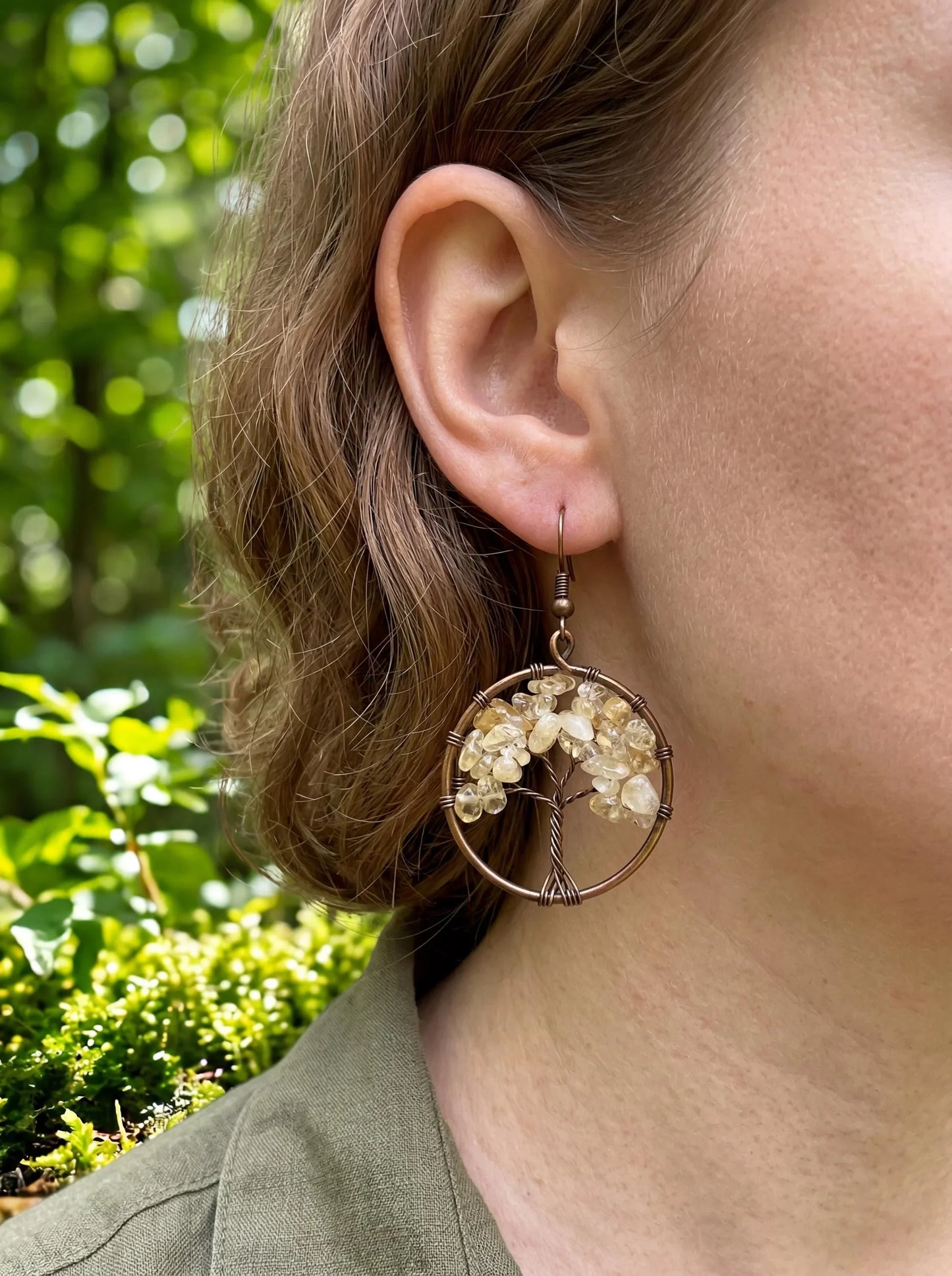 Wire Wrapped Tree of Life Earrings – Citrine Gemstone Boho Dangle Earrings – Handmade Crystal Jewelry Gift for Her