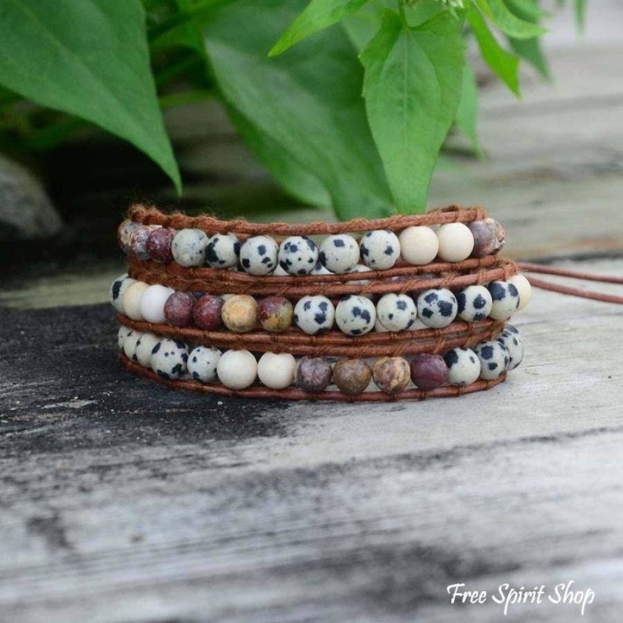 Dalmatian Jasper & Red Jasper Leather Bead Wrap Bracelet