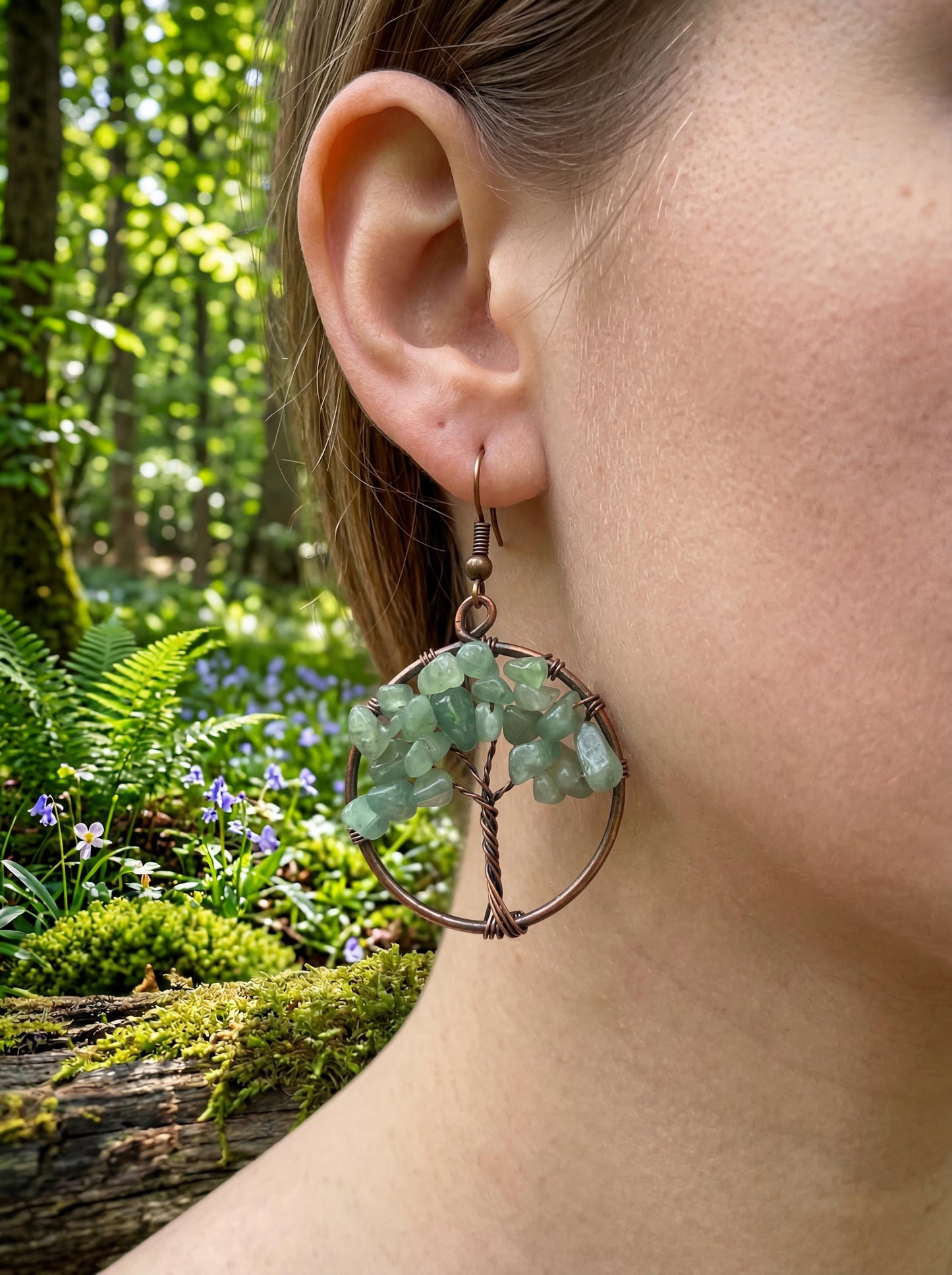 Wire Wrapped Tree of Life Earrings – Green Aventurine Boho Dangle Earrings – Handmade Nature Jewelry Gift for Her