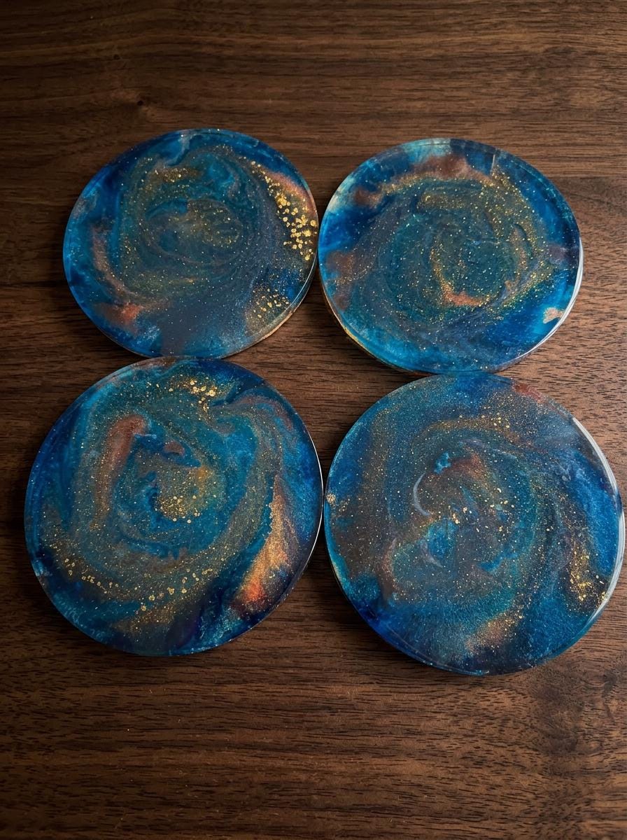 Blue Gold Resin Coasters With Holder | Cosmic Swirl Art | Sacred Geometry Drinkware