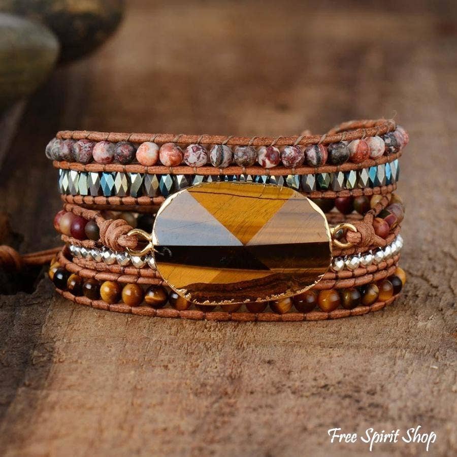 Natural Tiger Eye & Jasper Beaded Wrap Bracelet