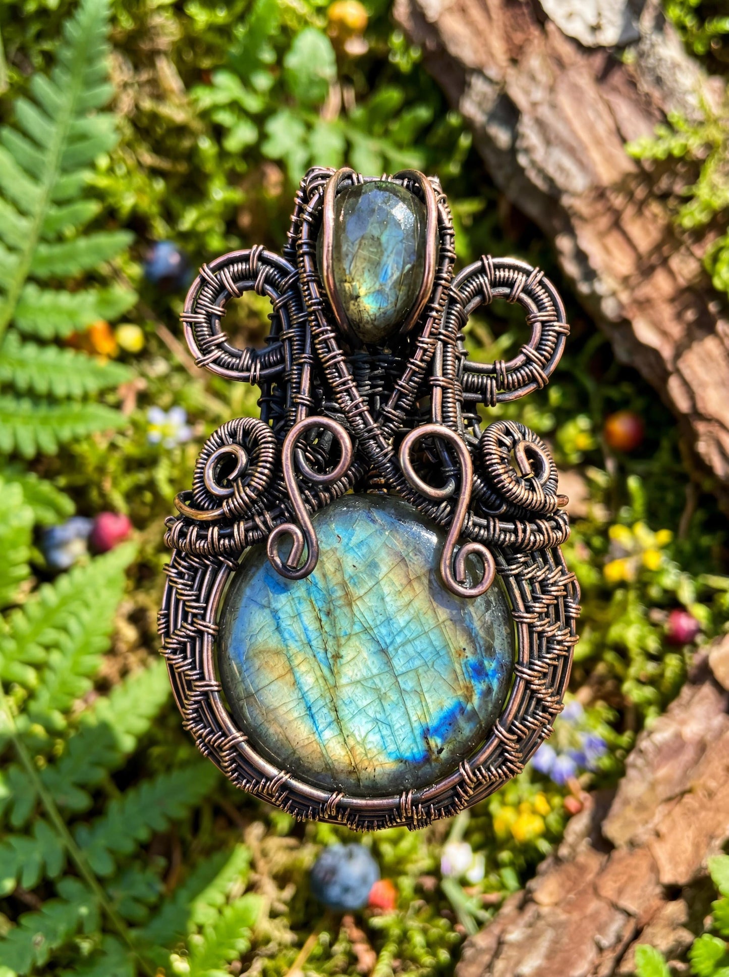 Wire Wrapped Grove Sentinel Pendant – Labradorite Crystal Necklace, Handmade Copper Statement Jewelry