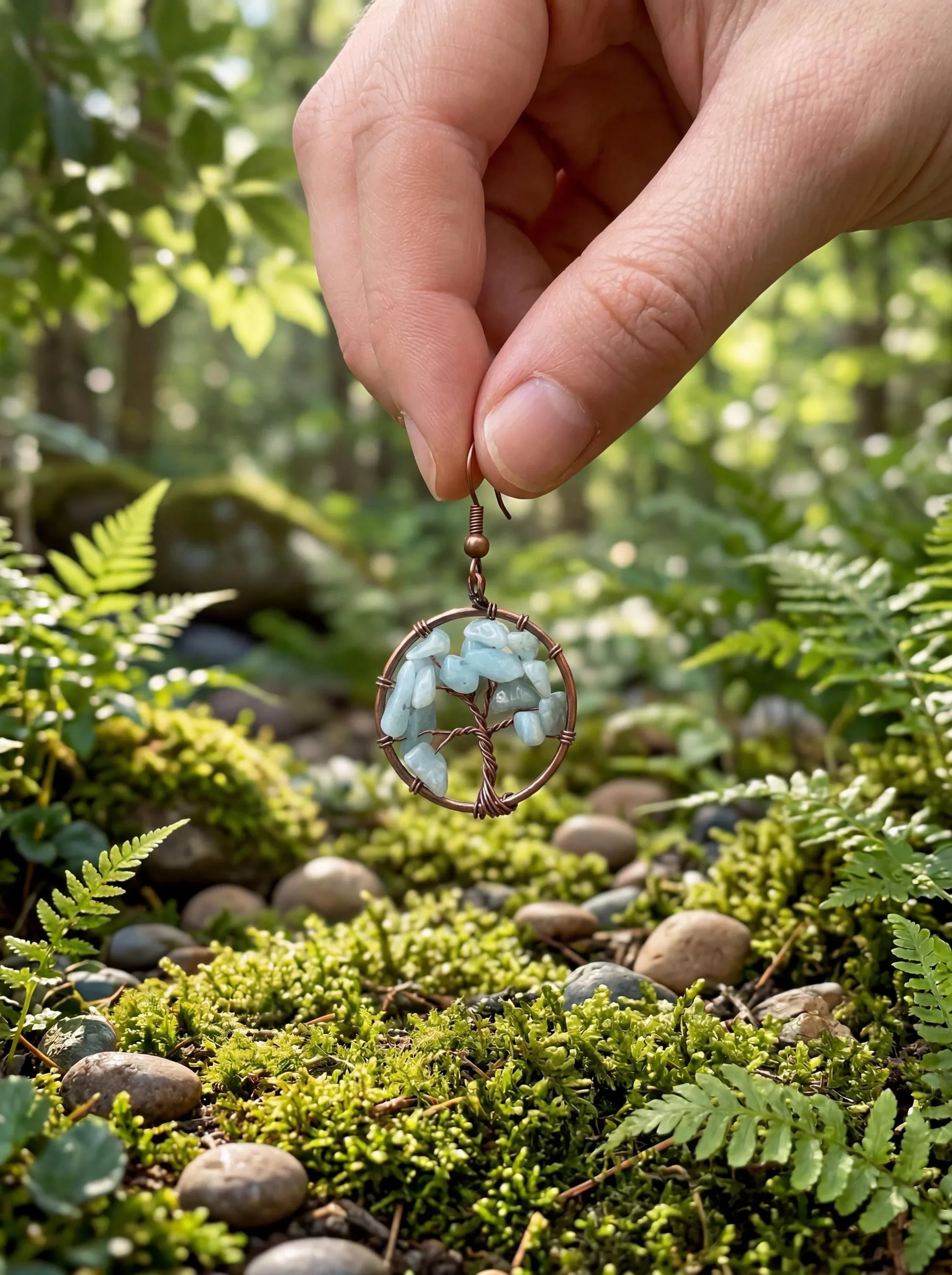 Hand holding wire-wrapped tree of life earring with light blue stones, set against mossy forest floor