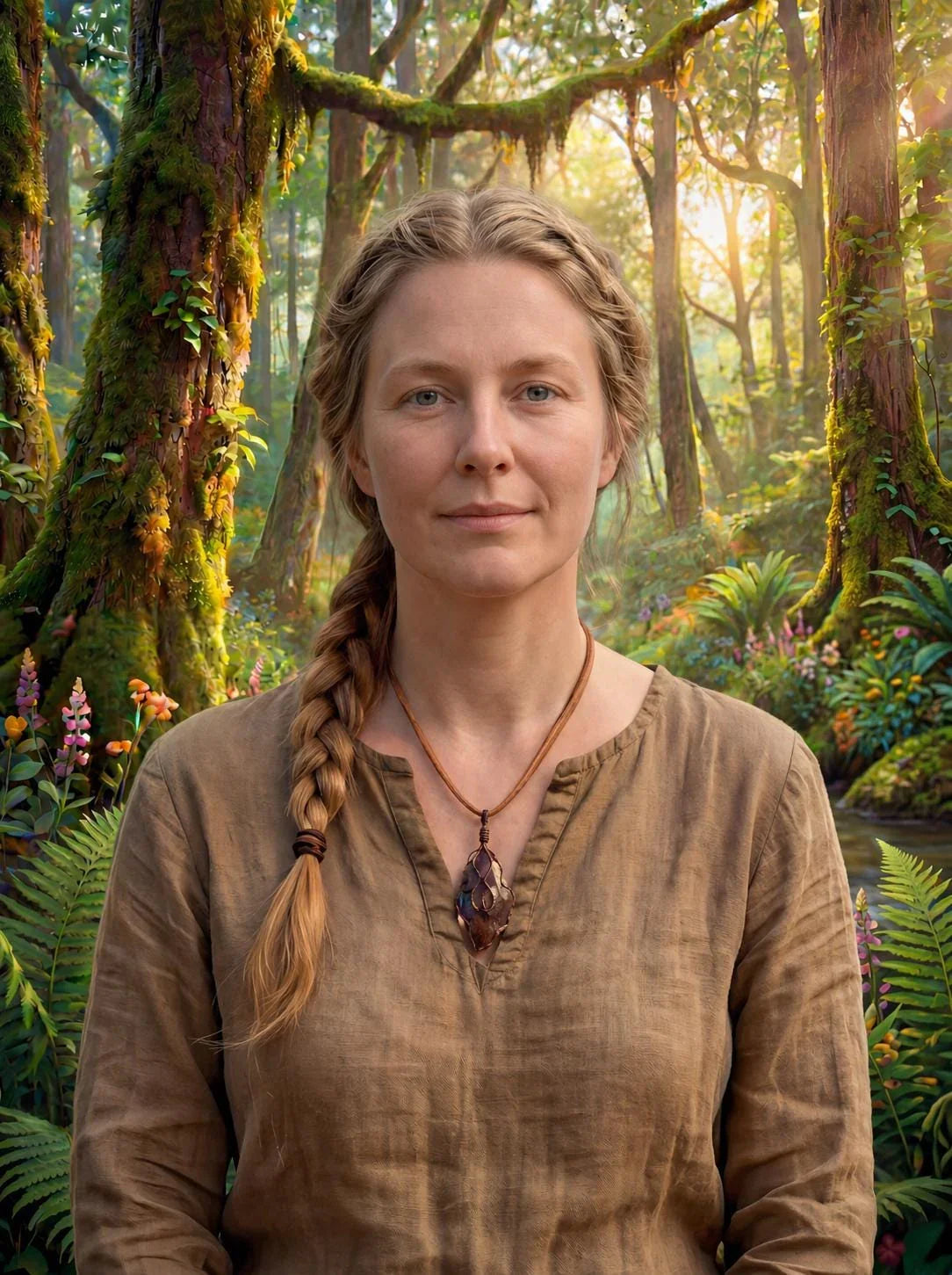 Woman wearing rustic resin pendant necklace in enchanted forest setting, natural boho jewelry