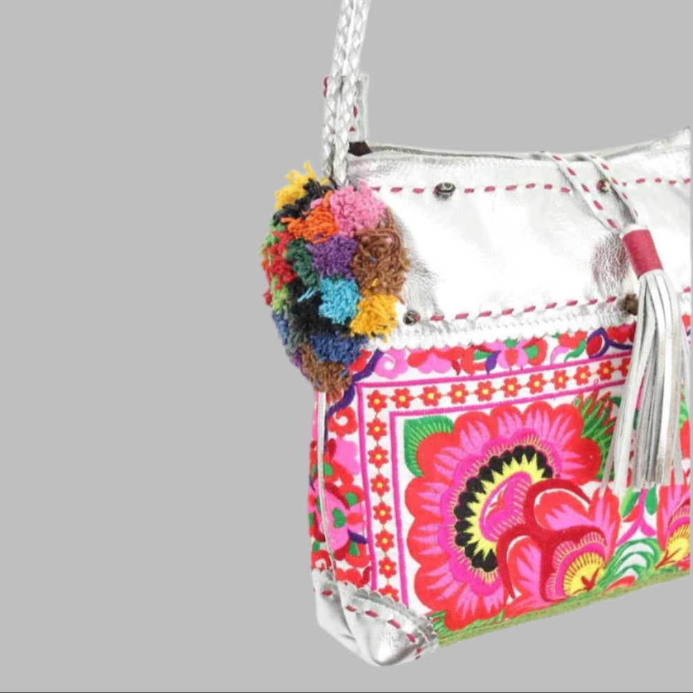 Handmade Gold Leather Crossbody Bag with Hmong Textile, Boho Pom Pom Tassel Purse, Tribal Ethnic Fair Trade Bag from Thailand