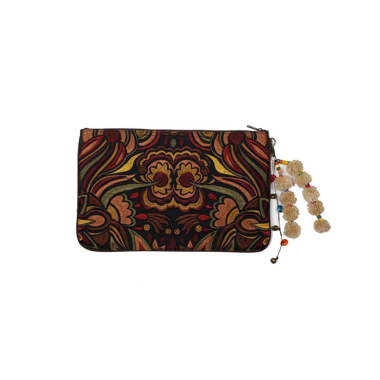 Soila Embroidered Pom Pom Clutch Boho Artisan Tablet Sleeve Fair Trade - Thailand