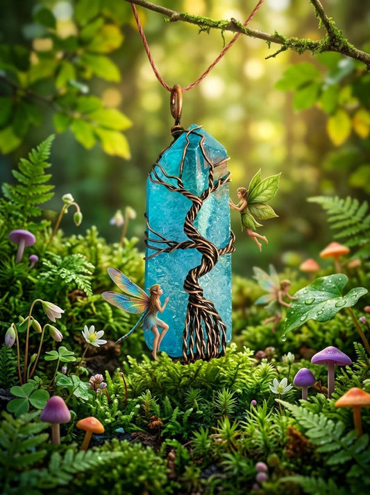 Blue Crystal Tree of Life Pendant | Antiqued Copper Wire Wrap Jewelry