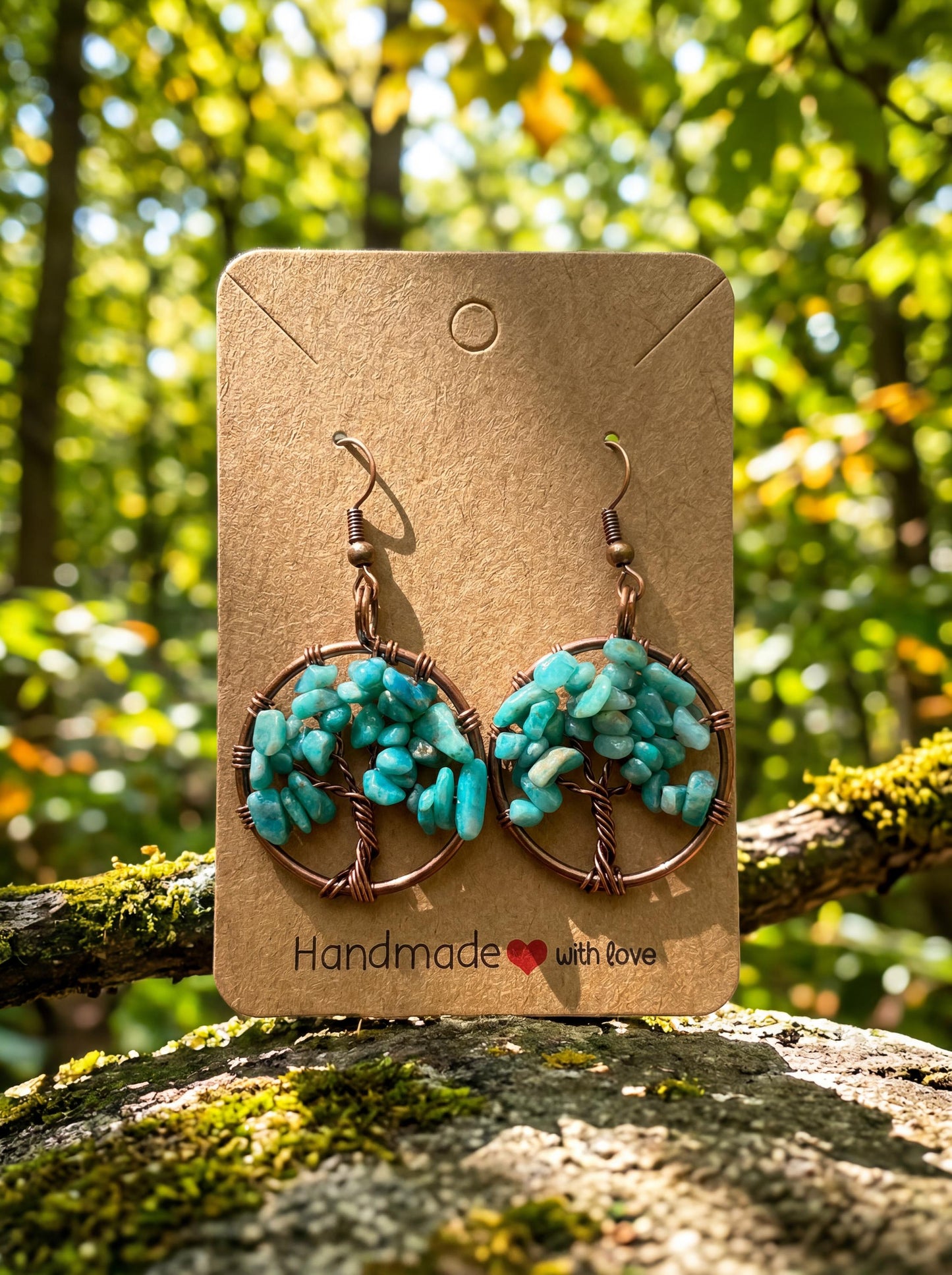 Wire Wrapped Tree of Life Earrings – Turquoise Boho Dangle Earrings – Handmade Gemstone Jewelry Gift for Her