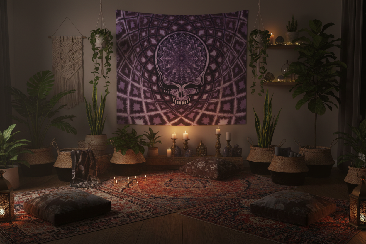 Purple Psychedelic Skull Mandala Tapestry
