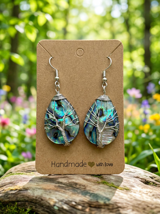 Wire Wrapped Tree of Life Earrings – Abalone Shell Teardrop Earrings – Handmade Silver Boho Statement Jewelry Gift
