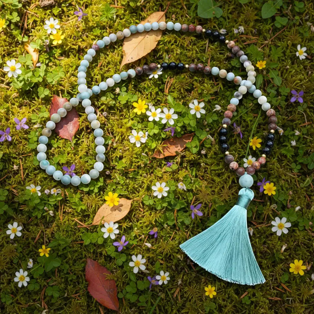 Amazonite Black Onyx Red Howlite Mala Necklace