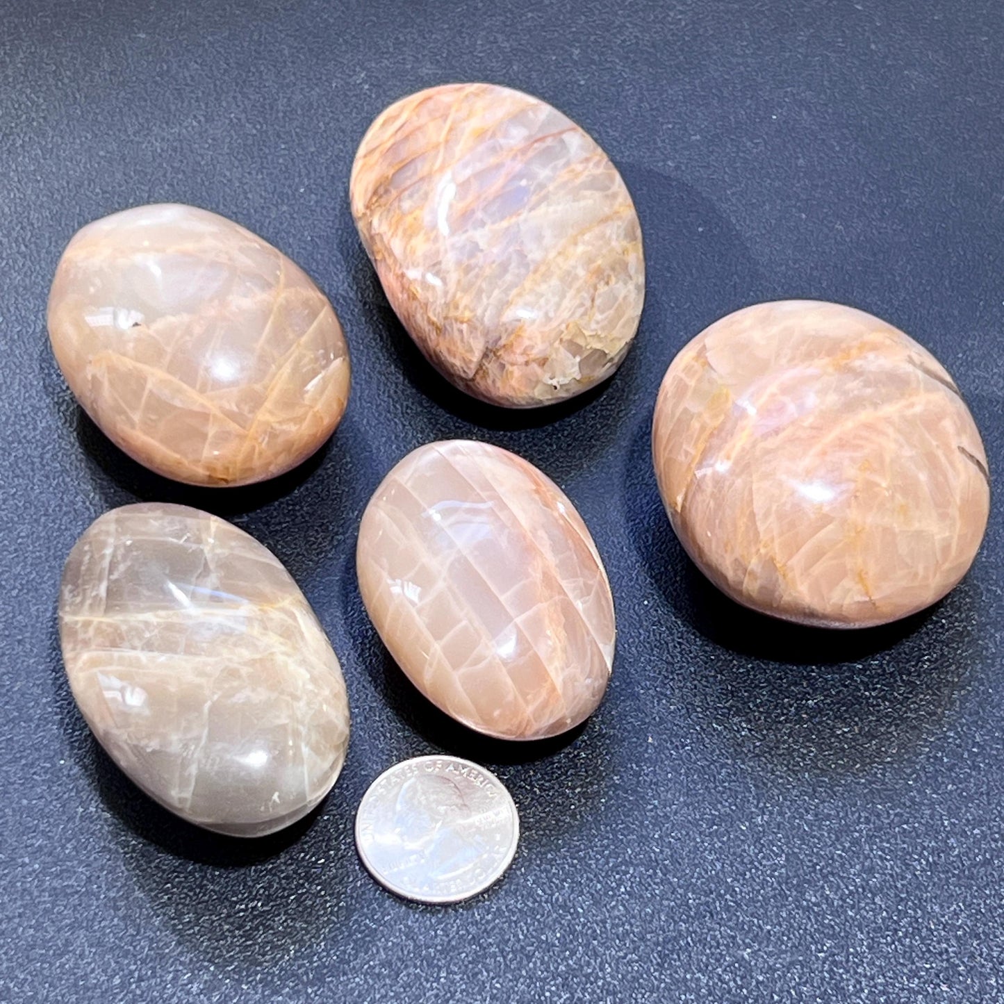 Peach Moonstone Flashy Palm Stone Carving