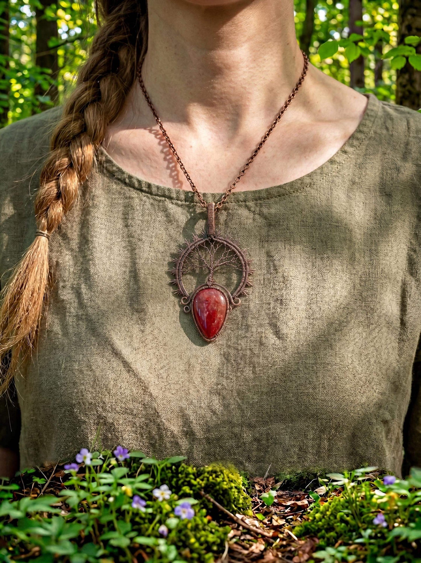 Wire Wrapped Tree of Life Pendant | Red Stone, Nature-Inspired Jewelry