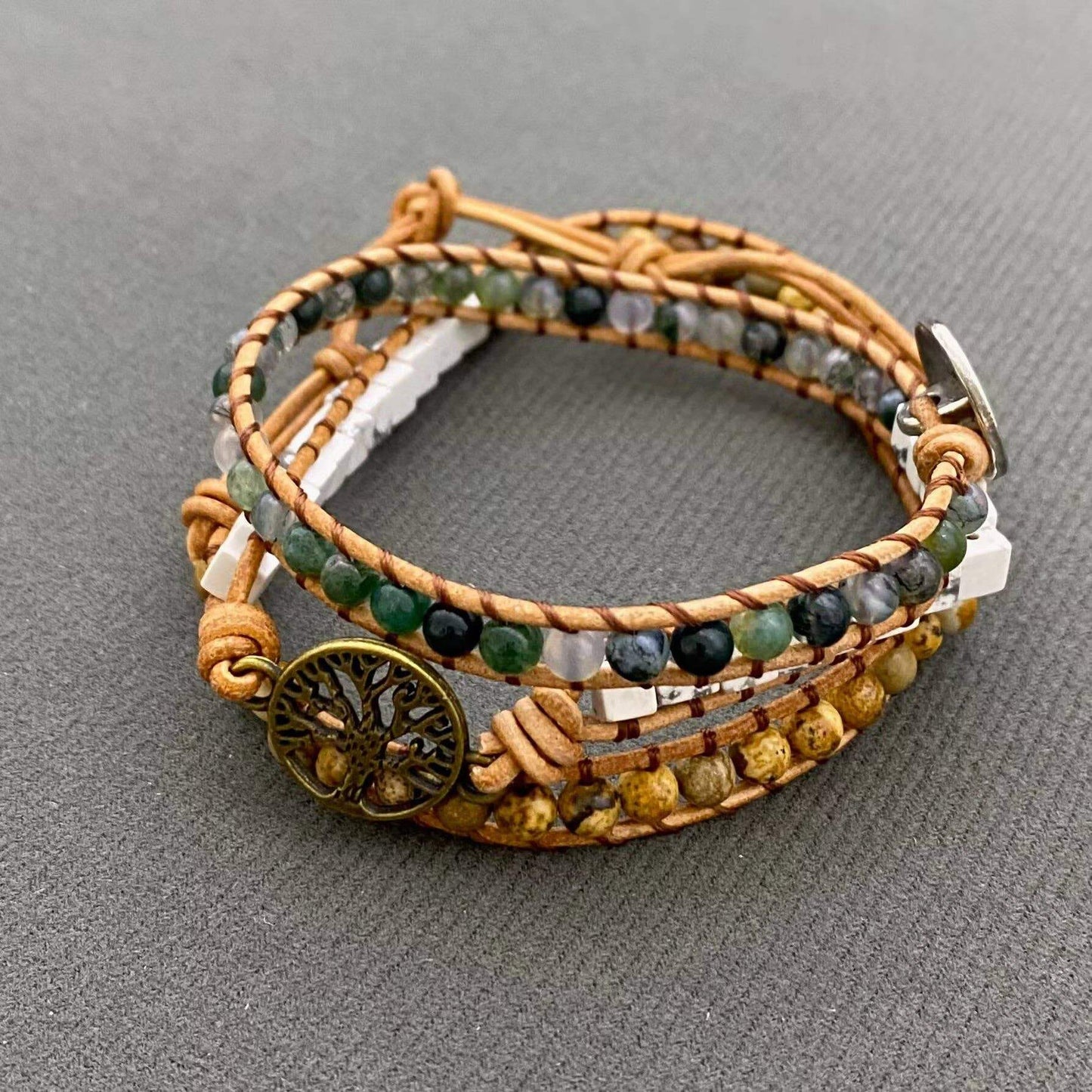 Tree of Life Charm Stone Beads Woven Three-Circle Bracelet - CS