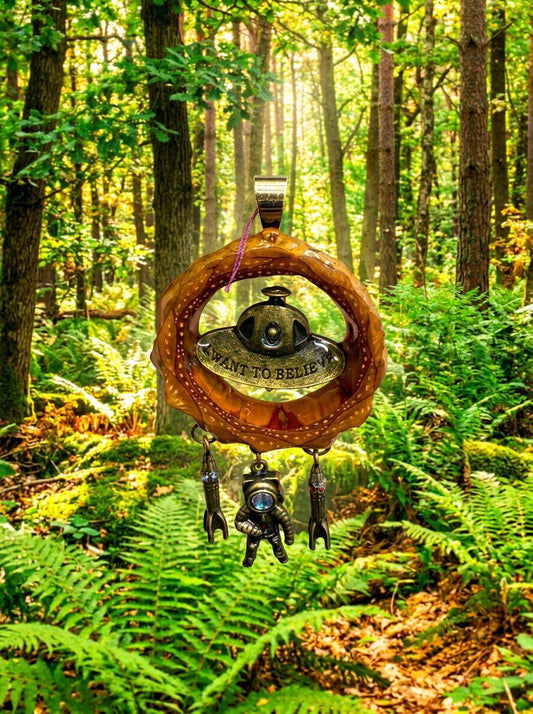 Handmade Resin Pinecone UFO Pendant Necklace with Astronaut Rockets – Space Jewelry