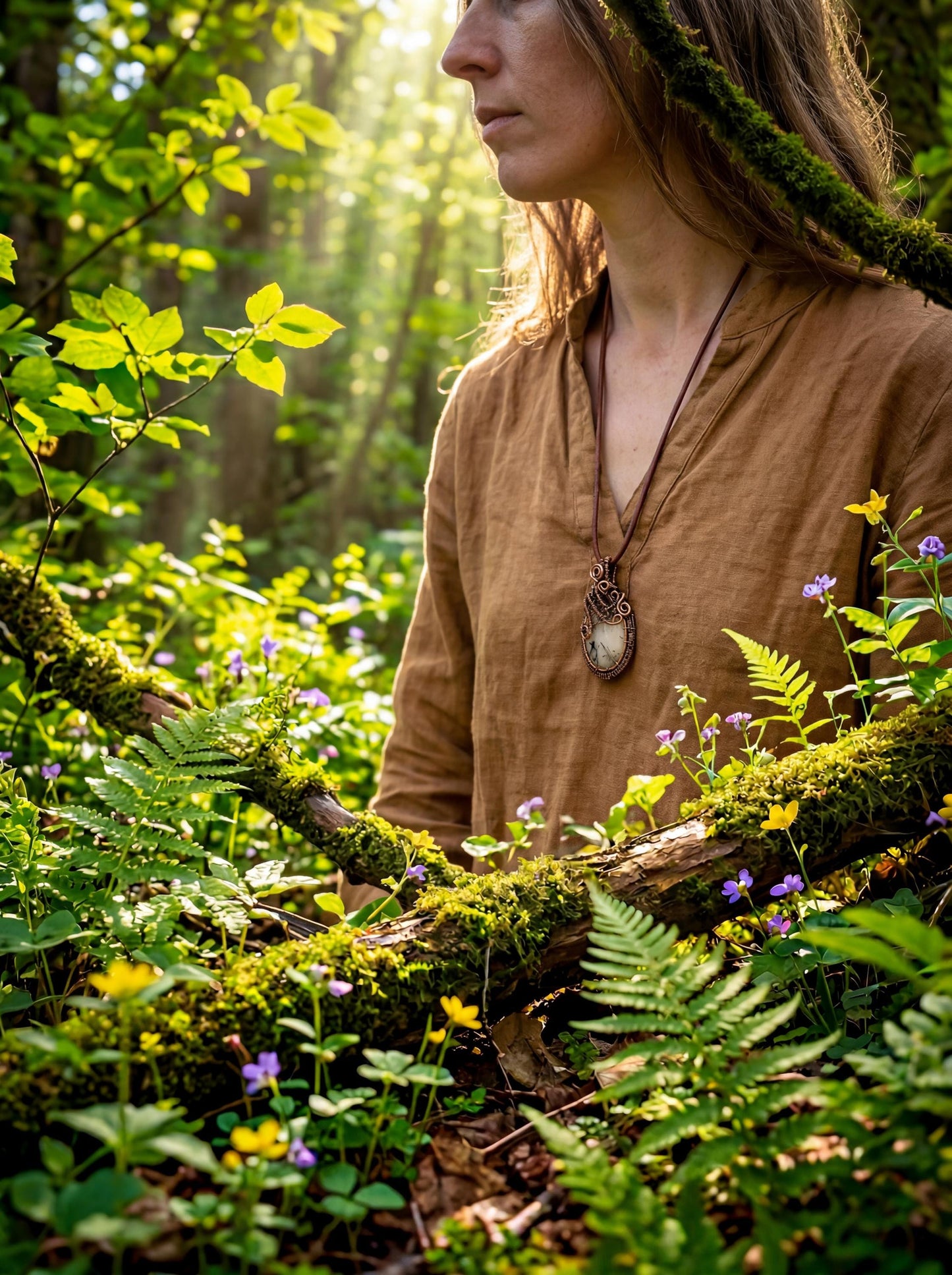 Wire Wrapped Tourmalinated Quartz Wildroot Spirit Pendant, Forest Spirit Jewelry, Boho Crystal Necklace