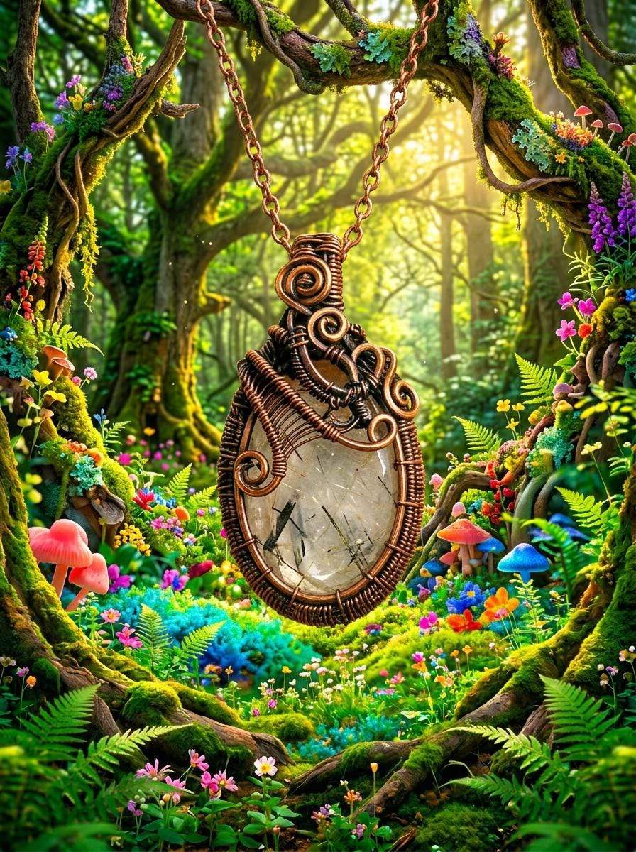Handcrafted wire-wrapped pendant with crystal centerpiece, nestled in enchanted forest with moss, flowers, and mushrooms