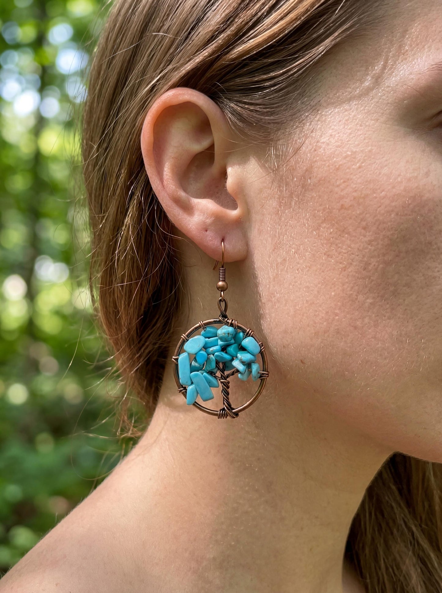 Wire Wrapped Tree of Life Earrings – Turquoise Boho Dangle Earrings – Handmade Statement Jewelry Gift for Her