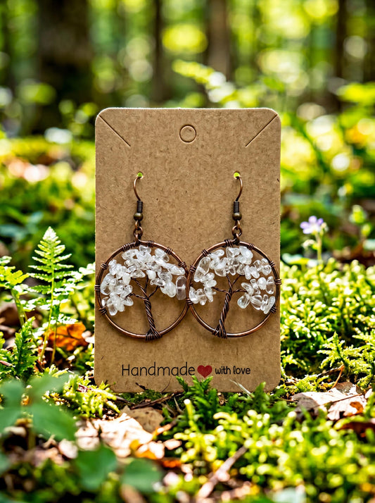 Wire Wrapped Tree of Life Earrings – Clear Quartz Boho Dangle Earrings – Handmade Crystal Jewelry Gift for Her