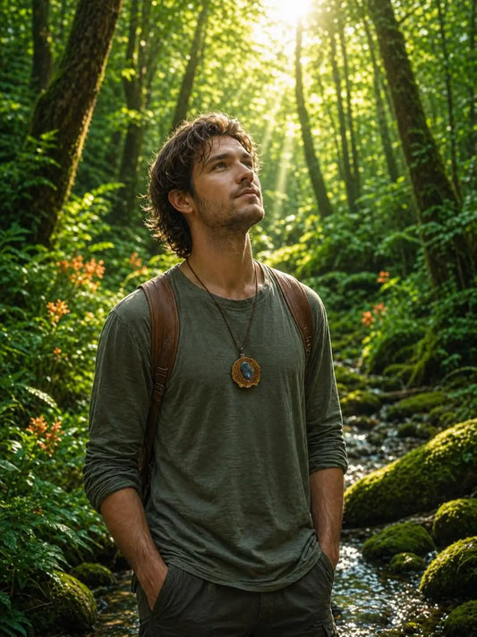 Man wearing rustic pinecone pendant necklace in sunlit forest, perfect for nature lovers and outdoor adventures.