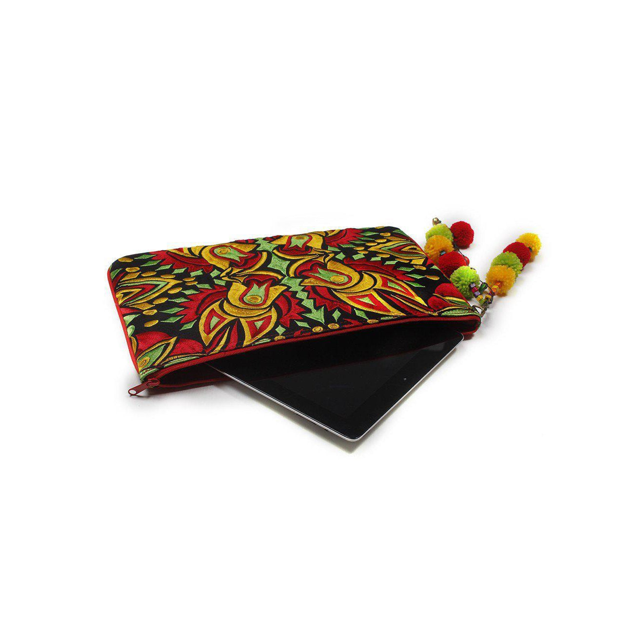 Soila Embroidered Pom Pom Clutch Boho Artisan Tablet Sleeve Fair Trade - Thailand