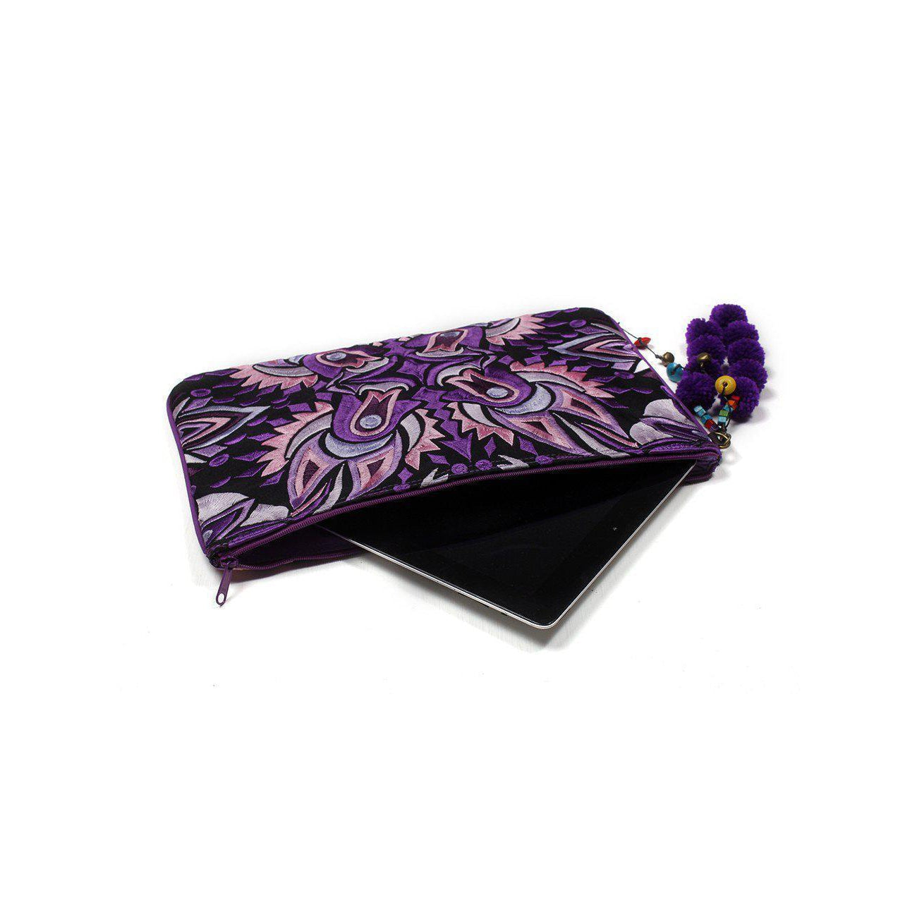 Soila Embroidered Pom Pom Clutch Boho Artisan Tablet Sleeve Fair Trade - Thailand