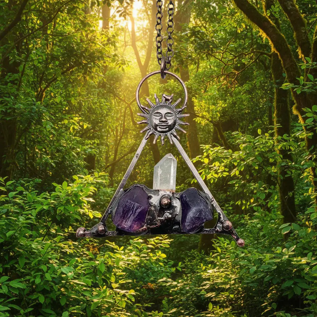 Decorative sun-shaped pendant with crystals hanging in a forest setting