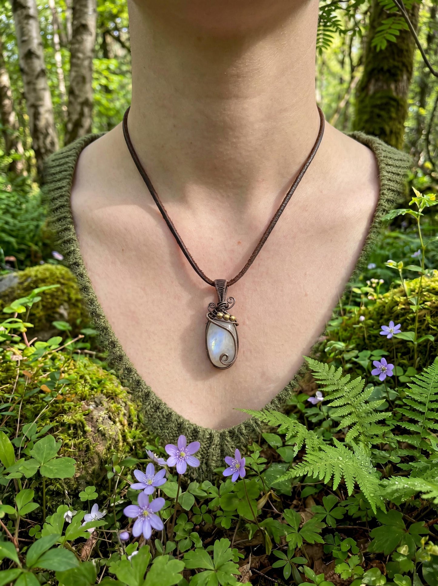 Wire Wrapped Lunar Whisper Moonstone Pendant – Handmade Copper Crystal Necklace, Elegant Boho Gemstone Jewelry