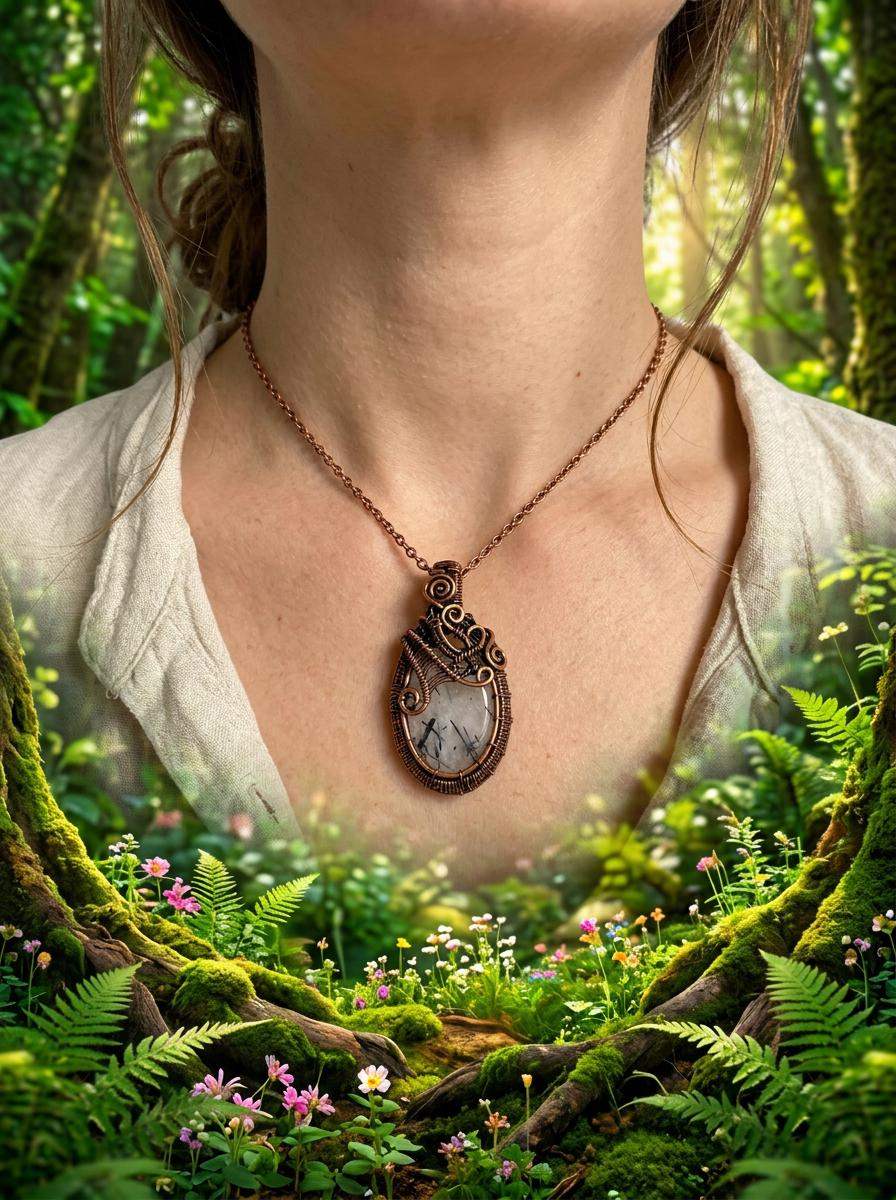 Handcrafted wire-wrapped pendant with natural stone, worn in a forest setting