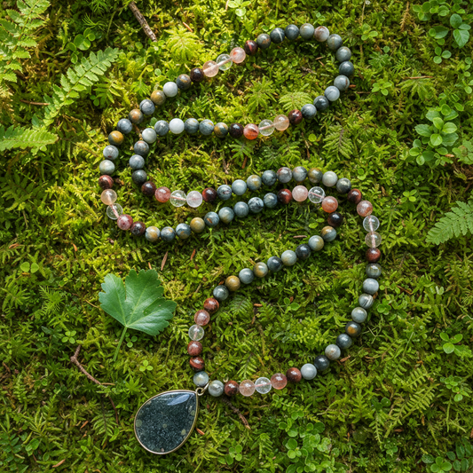 Red Tiger Eye, Fire Quartz, and Green Eagle Eye Mala Bead Necklace – Grounding & Vitality: Knotted Mala Necklace
