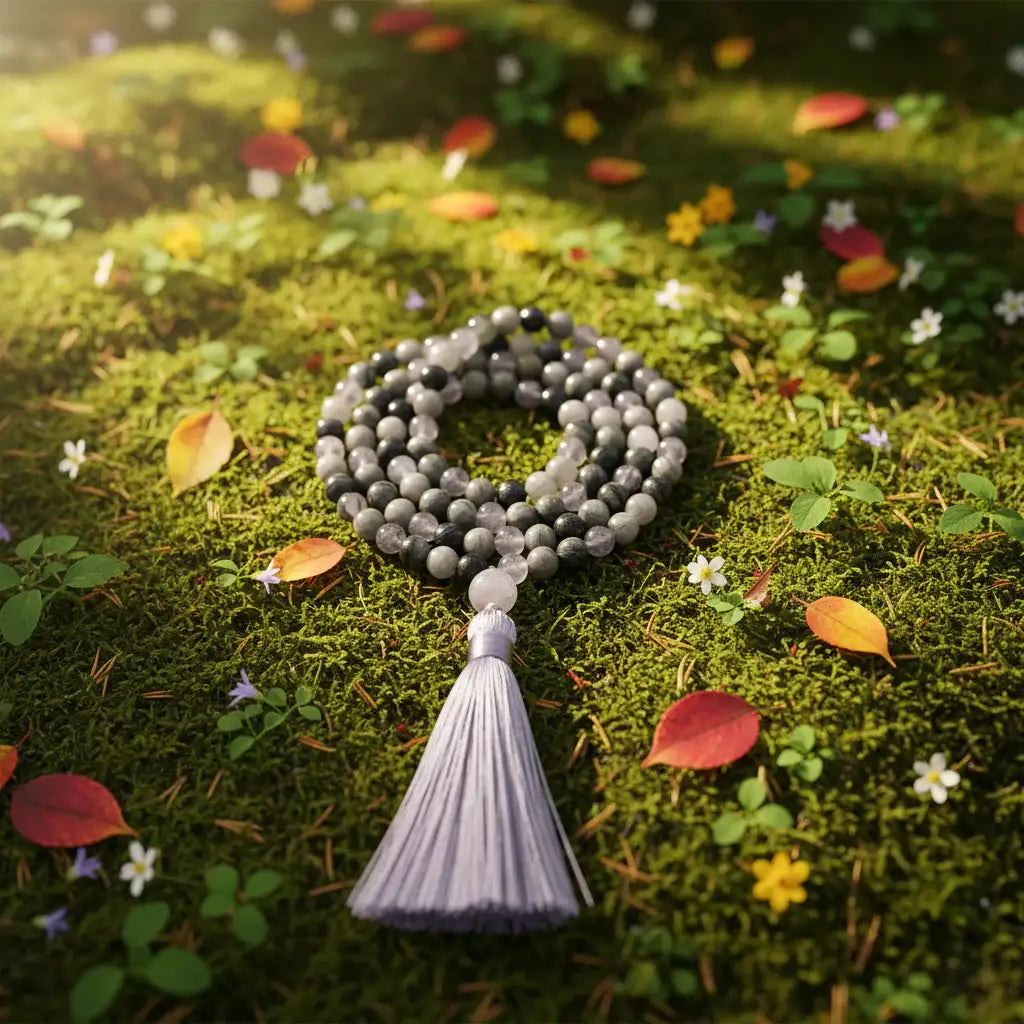 Labradorite  & Grey Agate Mala Bead Necklace: Knotted Mala Necklace