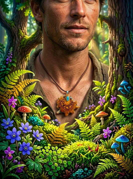 Man wearing custom pinecone pendant necklace in enchanted forest with mushrooms and wildflowers