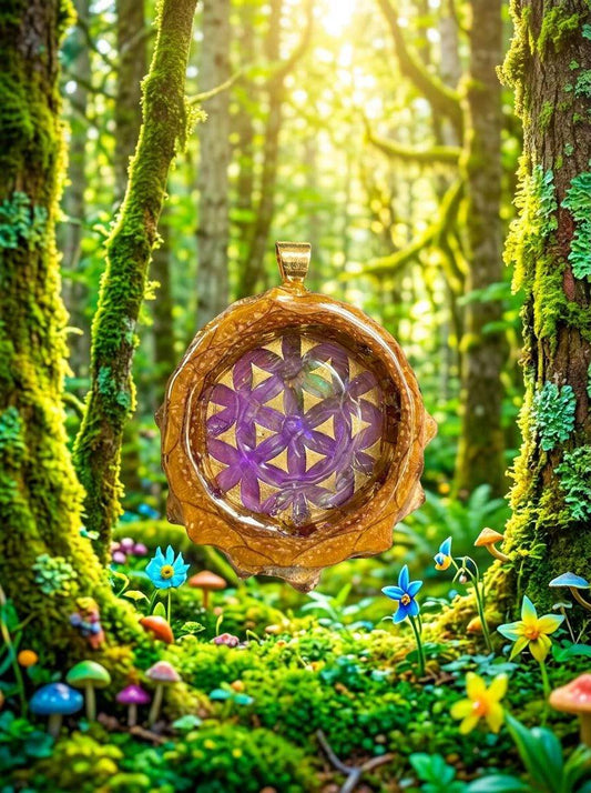 Gold & Purple Flower of Life Pinecone Pendant | Handmade PNW Resin Jewelry | #105