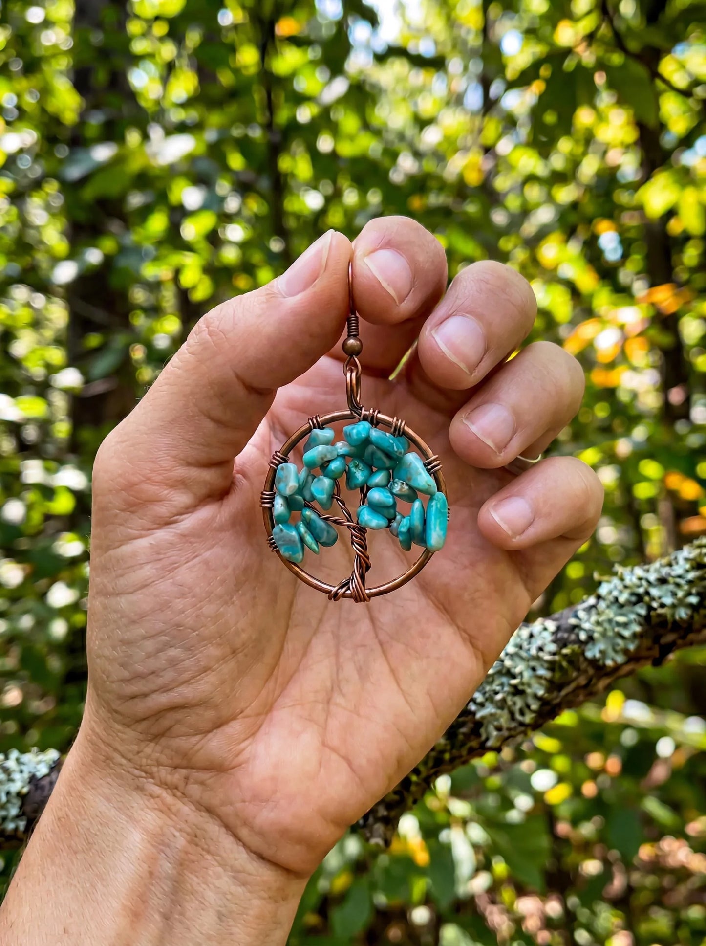 Wire Wrapped Tree of Life Earrings – Turquoise Boho Dangle Earrings – Handmade Gemstone Jewelry Gift for Her