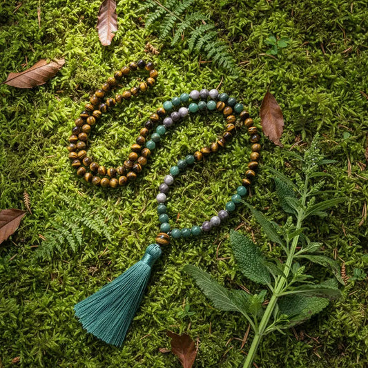 Tiger’s Eye and Green Jade Mala Bead Necklace: Knotted Mala Necklace