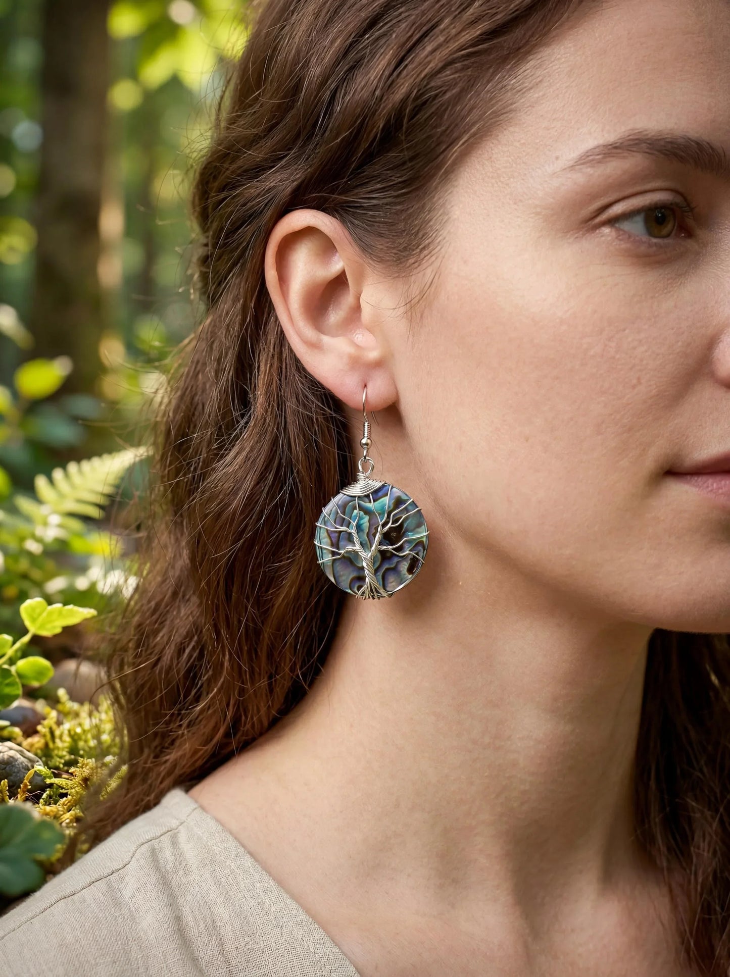 Wire-wrapped abalone shell earring with tree of life design, nature-inspired jewelry