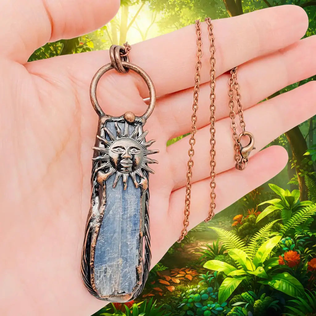 Blue Crystal Raw Stone Sun God Irregular Pendant Necklace-CS