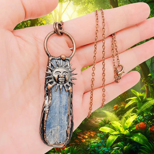 Blue Crystal Raw Stone Sun God Irregular Pendant Necklace-CS