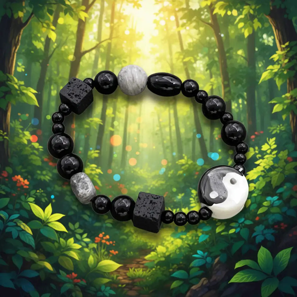 Bagua & Eight Trigrams Black Onyx Stone Beaded Bracelet - CS