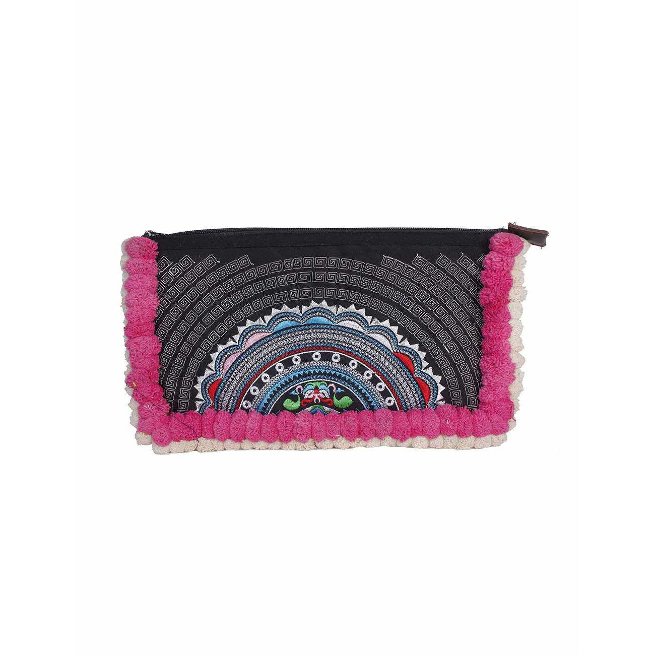 Double Pompom Embroidered Hmong Clutch - Thailand